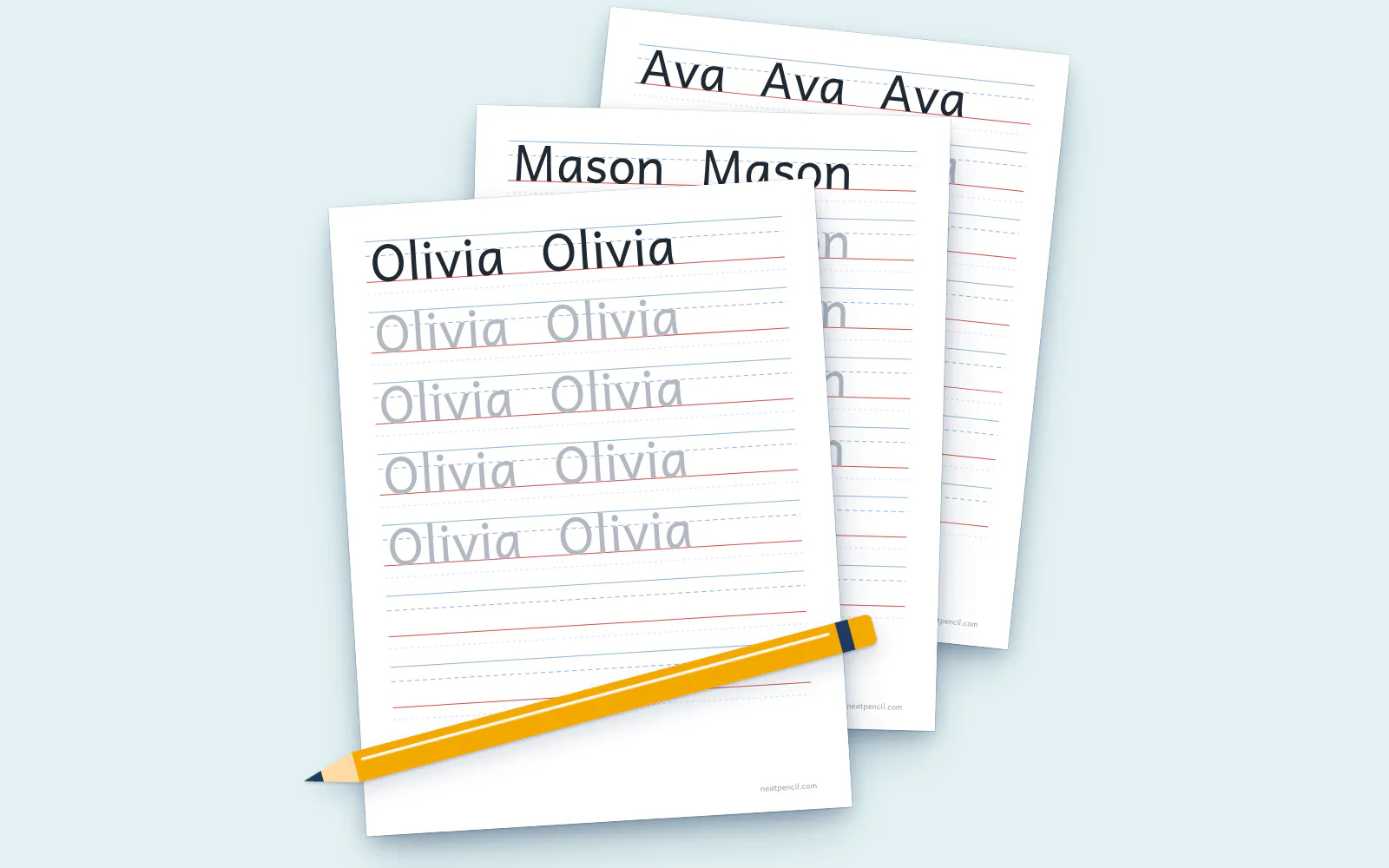 Three printed name tracing worksheets in upright print on Letter paper, for Olivia, Mason and Ava, with a pencil.