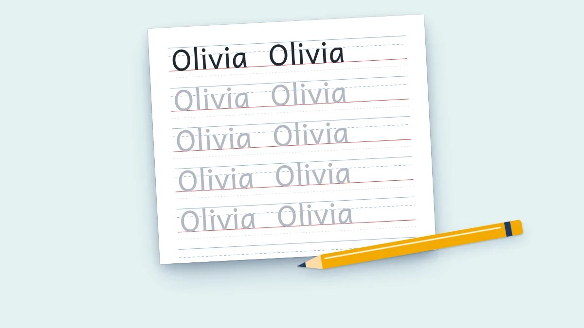 A name tracing worksheet with the name Olivia written at the top and rows of grey copies to trace, with a pencil resting on it.